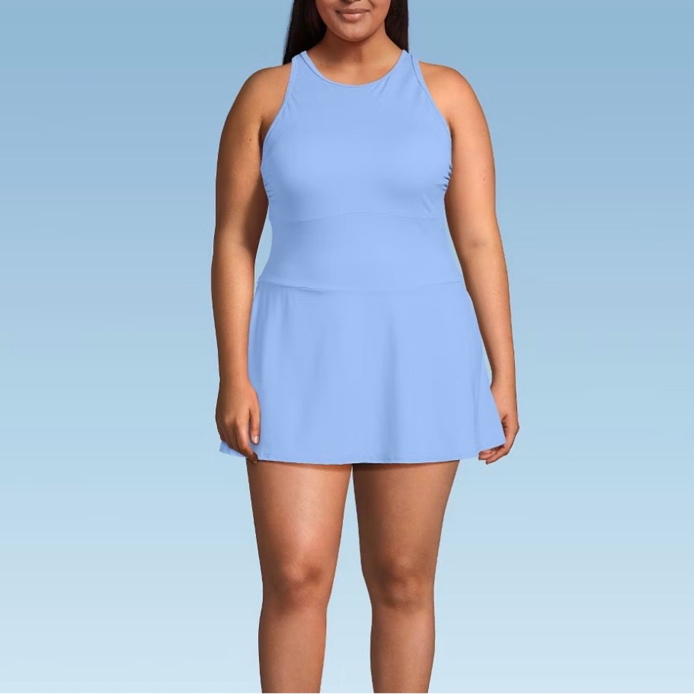 Lands' End Women's Plus Size Tugless High Neck Blue Swim Dress Swimsuit 26W